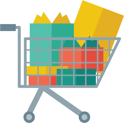 Brightly colored packages inside a shopping cart, representing direct mail marketing and product delivery.