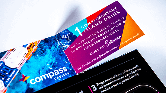 Compass cruise promotional ticket for island drinks and entertainment, perfect for direct mail marketing campaigns.