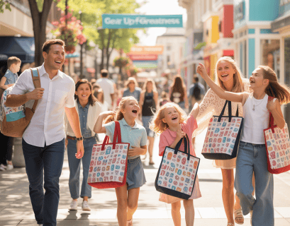 People shopping and walking downtown on a sunny day in front of retail shops and banners.