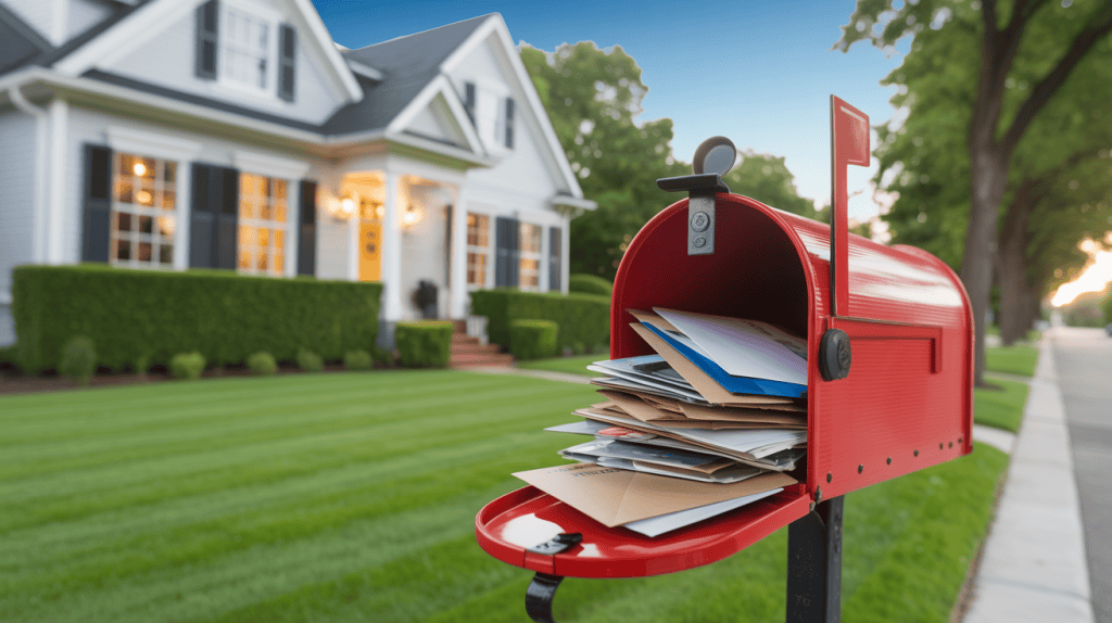 Fulfilling a suburb mailbox with direct mail marketing materials on a bright, sunny day.