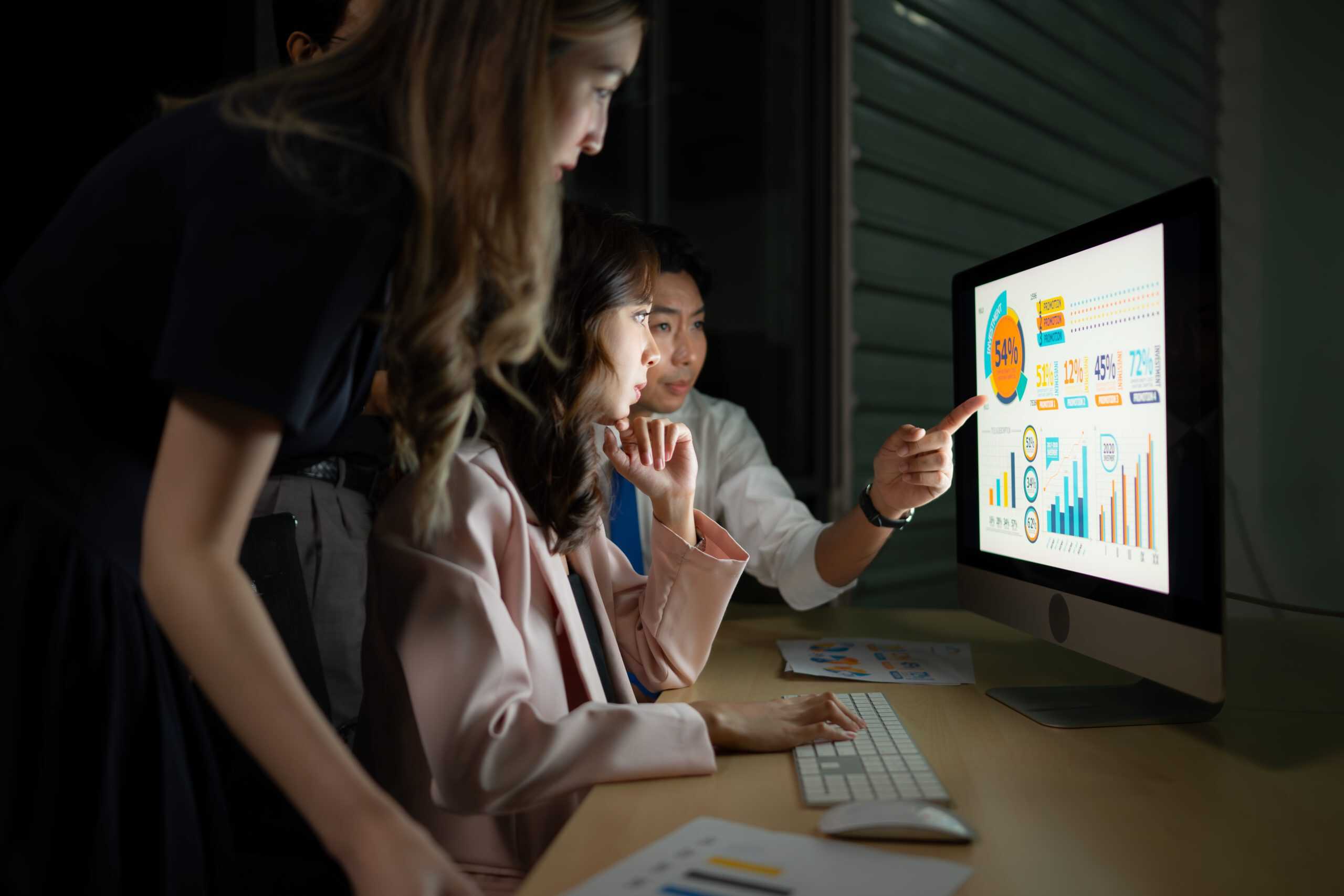 Competitive business team analyzing marketing data on computer screen for direct mail campaign results.