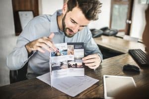 Brochure with colorful images printed for direct mail marketing campaigns.